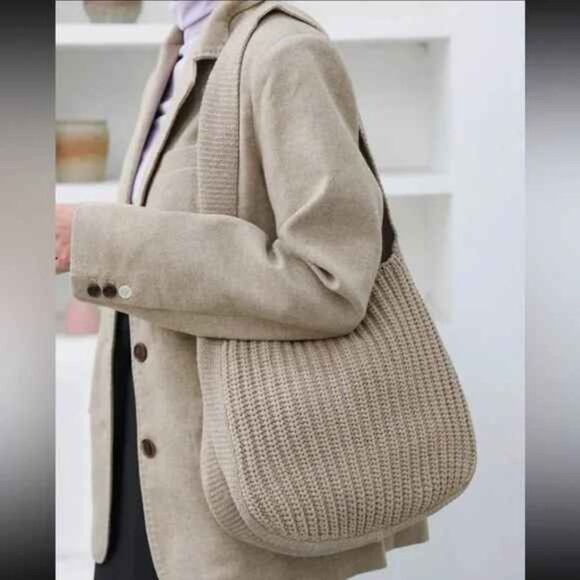 Chic Beige Cable Knit Tote Bag Purse OS New